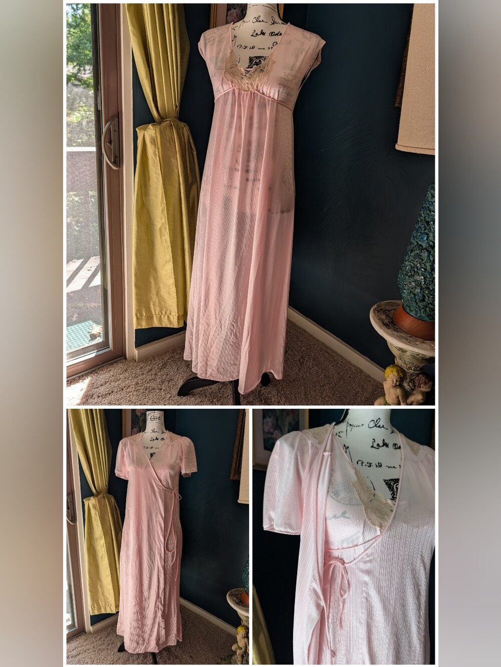 Vintage Jrs by Barad Pink Nylon Peignoir Set Lace Nightgown Robe Junior 7 SM USA